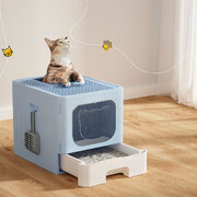 Large Cat Litter Box - Hooded, Foldable Tray with Scoop, Blue