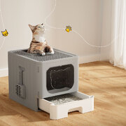 Large Cat Litter Box - Hooded, Foldable Tray with Scoop, Grey