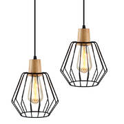 2x Pendant Light Wood and Metal Black