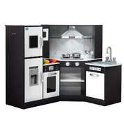 Kids Kitchen Play Set Wooden Pretend Cooking Playset w/Sounds Lights Black