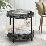 Rattan Pet Bed Elevated Raised Cat Dog House Wicker Basket Kennel Table