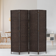4 Panel Room Divider Privacy Screen Rattan Woven Wood Stand Brown
