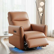 Swivel Recliner Chair Leather Rocking Reclining Sofa with LED Charging Ports Brown
