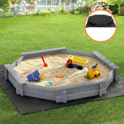 Kids Sandpit Wooden Round Sand Pit with Cover Bench Seat Beach Toys 182cm Grey Premium