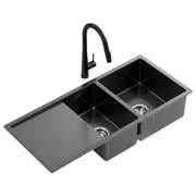 Stainless Steel Sink 100x45CM With Pull Out Mixer Tap Kitchen Basin Double Bowl Black Luxury Design