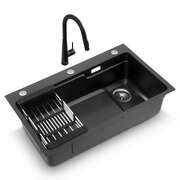 Stainless Steel Sink 75x45CM With Pull Out Mixer Tap Kitchen Basin Single Bowl Black