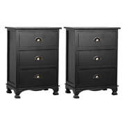 2x Vintage Bedside Tables 3 Drawers Black Nightstand Storage Bedroom Furniture