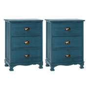 2x Vintage Bedside Tables 3 Drawers Blue Nightstand Storage Bedroom Furniture