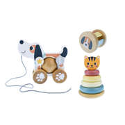 3 in 1 wooden baby rattle gift set - cat & puppy dog