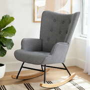 Rocking Armchair Nursing Chair Linen Fabric Grey Modern Accent Seat