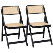 2x Foldable Dining Chairs Black Wooden Rattan Modern Home Furniture