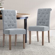 2x Dining Chairs French Provincial Kitchen Cafe Fabric Padded High Back Pine Wood Light Grey