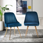 Set of 2 Dining  Modern Chairs Blue Velvet with Golden splayed legs 