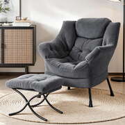 Velvet Grey Armchair Accent Chair With Ottoman Lounge Footrest Living Room Seating