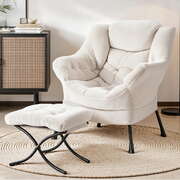 Velvet White Armchair Accent Chair With Ottoman Lounge Footrest Living Room Seating