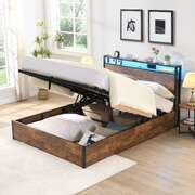 Gas Lift Bed Frame With Storage Queen Size Wooden Slats Platform Bed