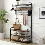 5-in-1 Hall Tree Coat Rack with Storage Bench 3 Tier Rustic Brown