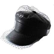Octagonal Cap Women Solid Black PU Lace Veil Newsboy Beret Hat Spring Summer
