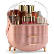 Covered Makeup Cosmetic Countertop - Large Cosmetic Organizer - Trendy Oval Shape Storage for Skin Care Organizer - Clear Lid, Storage Drawers, Carry