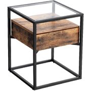 End Table Tempered Glass With Drawer And Rustic Shelf  Stable Iron Frame 