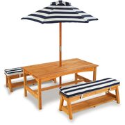 Outdoor Table & Bench Set With Cushions & Umbrella (Navy