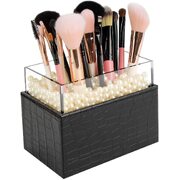Leather Makeup Brush Cosmetic Organiser Storage Box with Pink Pearls and Acrylic