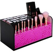 Leather Makeup Brush Cosmetic Organiser Storage Box with Pink Pearls, Acrylic Cover and 3 CompartmentsBlack