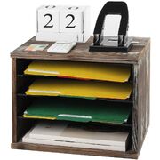 4 Compartment Rustic Wood Desk Organizer Paper File Holder & Office Storage