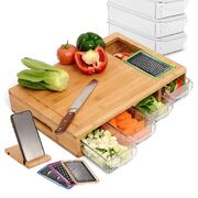 Large Bamboo Cutting Board with 4 Containers and Mobile Holder