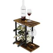 Wine Rack Countertop Wooden & Metal Holder For 6 Bottles & 2 Glasses