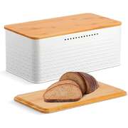 Bread Bin With Bamboo Lid Used As Chopping Board For Kitchen Countertop