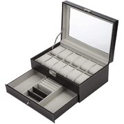 Black Leather Watch Box Jewelry Display Case With Drawers (12 Slots With 2 Layers)