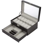 Black Leather Watch Box Jewelry Display Case with Drawers 12 Slots with 2 Layers
