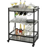 Vintage Style Wood Metal 3 Tiers Kitchen Serving Trolley with Wine Rack (Grey)