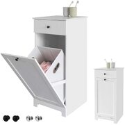 Sleek and Functional White Bathroom Cabinet with Laundry Basket and Drawer
