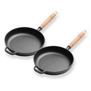 2X 25Cm Round Cast Iron Frying Pan Skillet Steak Sizzle Platter With Helper Handle