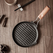 24Cm Round Ribbed Cast Iron Steak Frying Grill Skillet Pan With Folding Wooden Handle