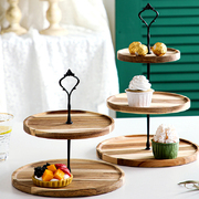 2X 20Cm 2 Tier Brown Round Wooden Acacia Dessert Tray Cake Snacks Cupcake Stand Buffet Serving Countertop Decor