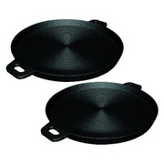 2X 35Cm Round Ribbed Cast Iron Frying Pan Skillet Steak Sizzle Platter With Handle
