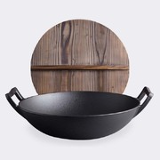 2X 36Cm Commercial Cast Iron Wok Frypan With Wooden Lid Fry Pan