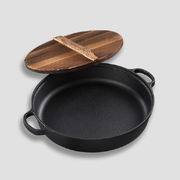 2X 31Cm Round Cast Iron Pre-Seasoned Deep Baking Pizza Frying Pan Skillet With Wooden Lid