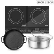 Dual Burners Cooktop Stove, 30Cm Cast Iron Frying Pan Skillet And 28Cm Induction Casserole