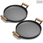 2X 35Cm Cast Iron Frying Pan Skillet Steak Sizzle Fry Platter With Wooden Handle No Lid