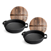 2X 31Cm Round Cast Iron Pre-Seasoned Deep Baking Pizza Frying Pan Skillet With Wooden Lid