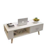 White Coffee Table with Storage Drawer, Open Shelf & Wooden Legs