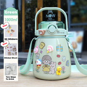 1000Ml Large Water Bottle Stainless Steel Straw Water Jug(Green)