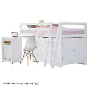 Wooden Kids Single Loft Bed Frame With Pull Out Desk Storage
