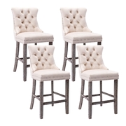 4X Velvet Bar Stools With Studs Trim Wooden Legs Tufted Dining Chairs