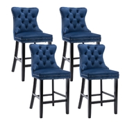4X Velvet Bar Stools With Studs Trim Wooden Legs Tufted Dining Chairs Kitchen