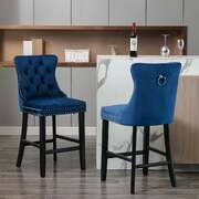 2X Velvet Bar Stools With Studs Trim Wooden Legs Tufted Dining Chairs Kitchen Blue